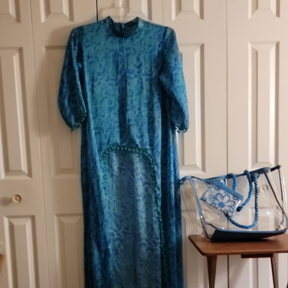 Blue Bathingsuit Hi/low Coverup With Matching Bag